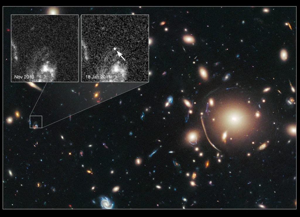 This composite image taken using data from the Hubble Space Telescope depicts Abell 383, a massive cluster of galaxies located roughly 2 billion light years away from the Earth. The red, blue, and green in the image is created by assigning these colors to specific combinations of images taken at different filter wavelengths. Large clusters like Abell 383 produce an obvious distortion of the image of background galaxies, an effect known as gravitational lensing. The black-and-white inset, which shows a before/after image taken from only a single filter, shows a Type Ia supernova, a thermonuclear explosion specific to white dwarf stars, occurring in a background galaxy behind this cluster. By measuring the extent to which a Type Ia supernova’s brightness is magnified by a cluster, it is possible to determine the total mass of the cluster. Image Credit: NASA, ESA, C. McCully (Rutgers U.) et al.