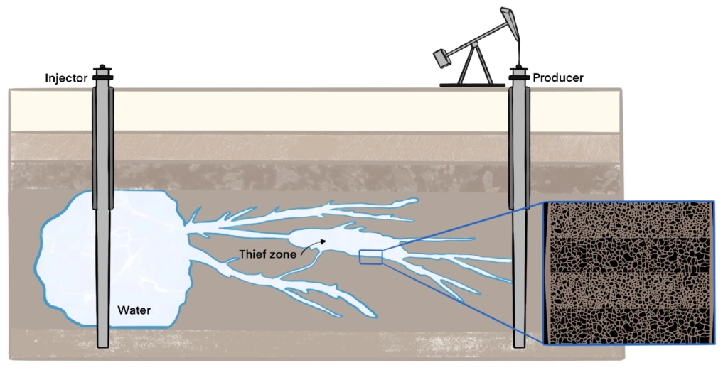 Figure 2: Schematic of EOR flood bypass caused by preferential thief zones.