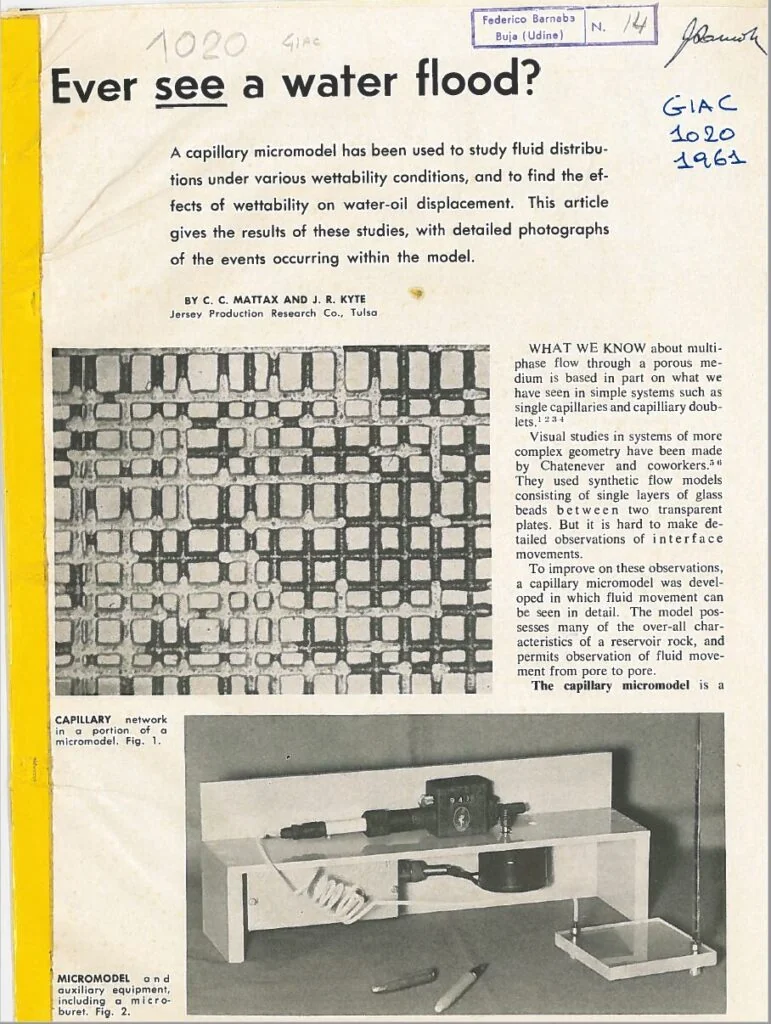 Early micromodel study by Mattax and Kyte. This study used a glass micromodel etched using a manually scribed wax coating. Many of the types of analysis that are performed now can trace their roots to these early works. Reproduced with permission. The Oil and Gas Journal, October 16, 1961. Pp 115-128.