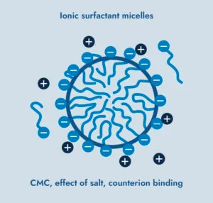 Salt ions screen the electrostatic repulsion between polar ends of surfactant molecules.