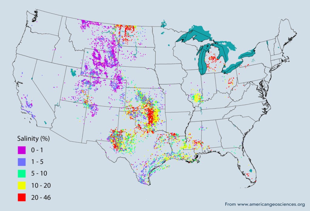 Map of produced water salinity (TDS) in the U.S. www.americangeosciences.org